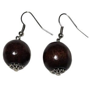 Handcrafted Wooden Bead Dangle Earrings Silver Filigree Accents Retro Jewelry
